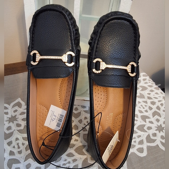 Alexis Bendel Shoes - Alexis Black, 8.5, Woman's NWT, Loafers with Gold Rhinestone Buckle